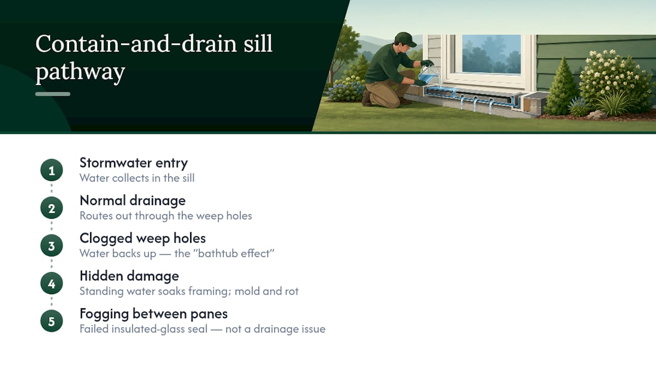 Window sill drainage and clogged-hole damage paths