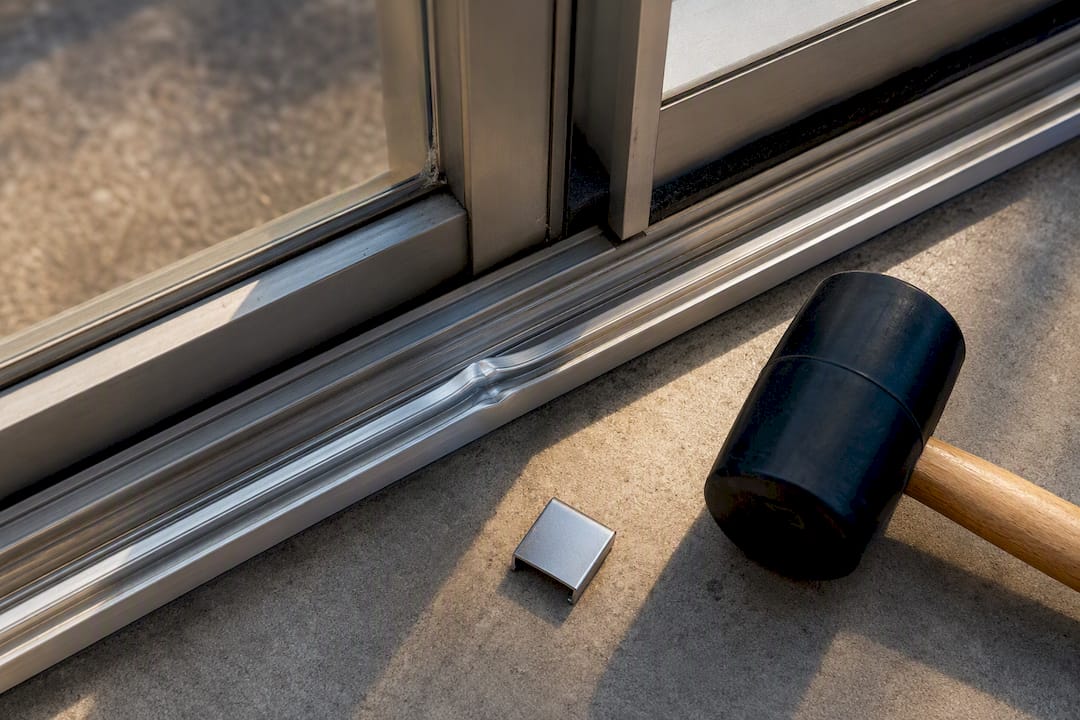 Dented sliding door track beside rubber mallet