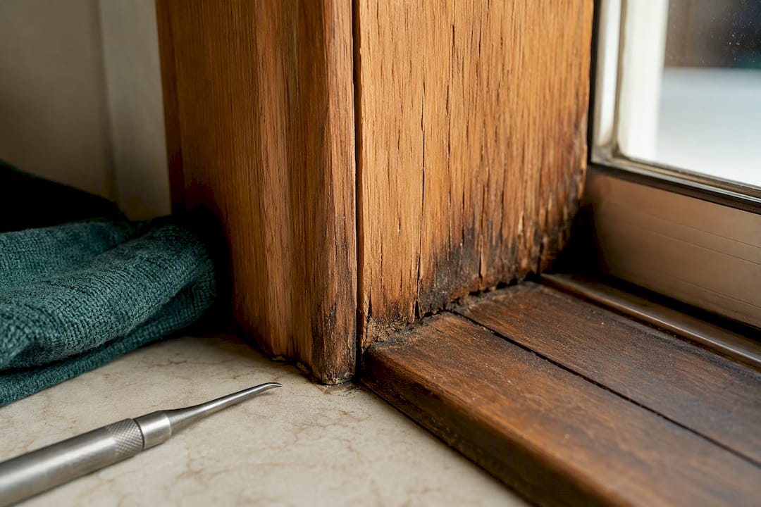 Swollen wood jamb beside patio door sill