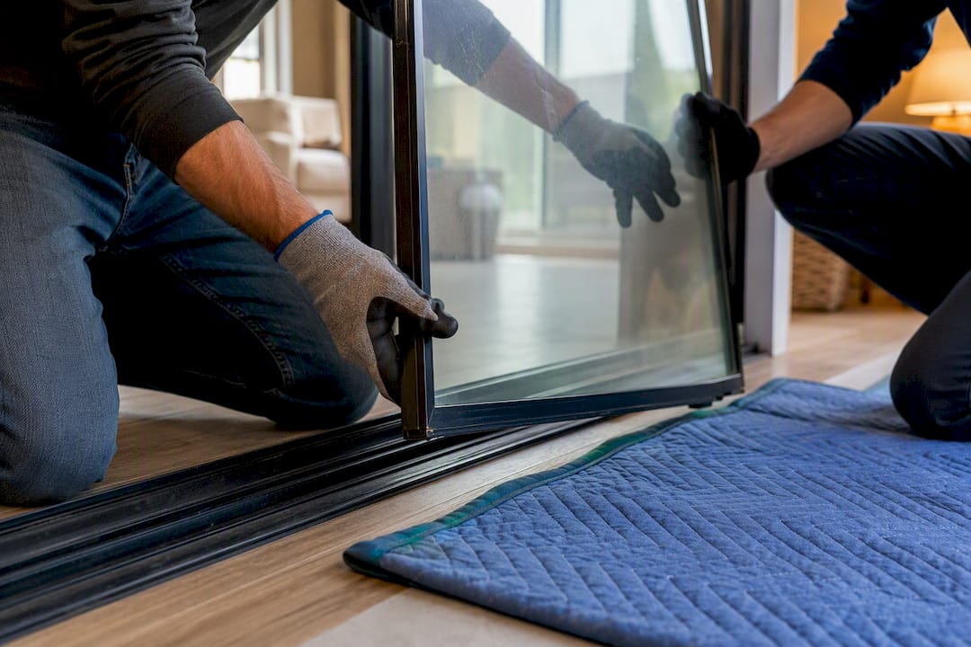 Two people lifting patio door panel