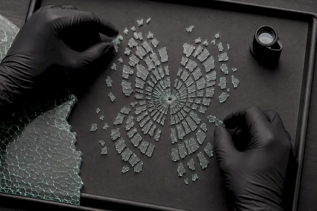 Fragments reassembled around glass fracture origin