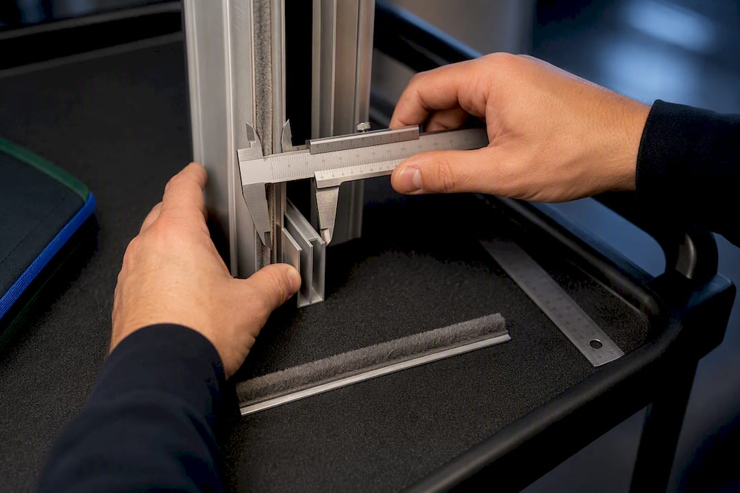 Calipers measuring storefront weatherstrip channel