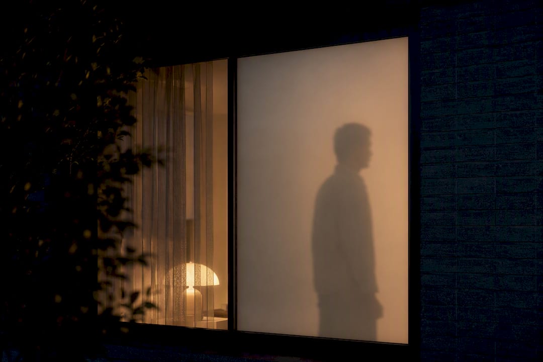 Silhouette visible through smart glass at night