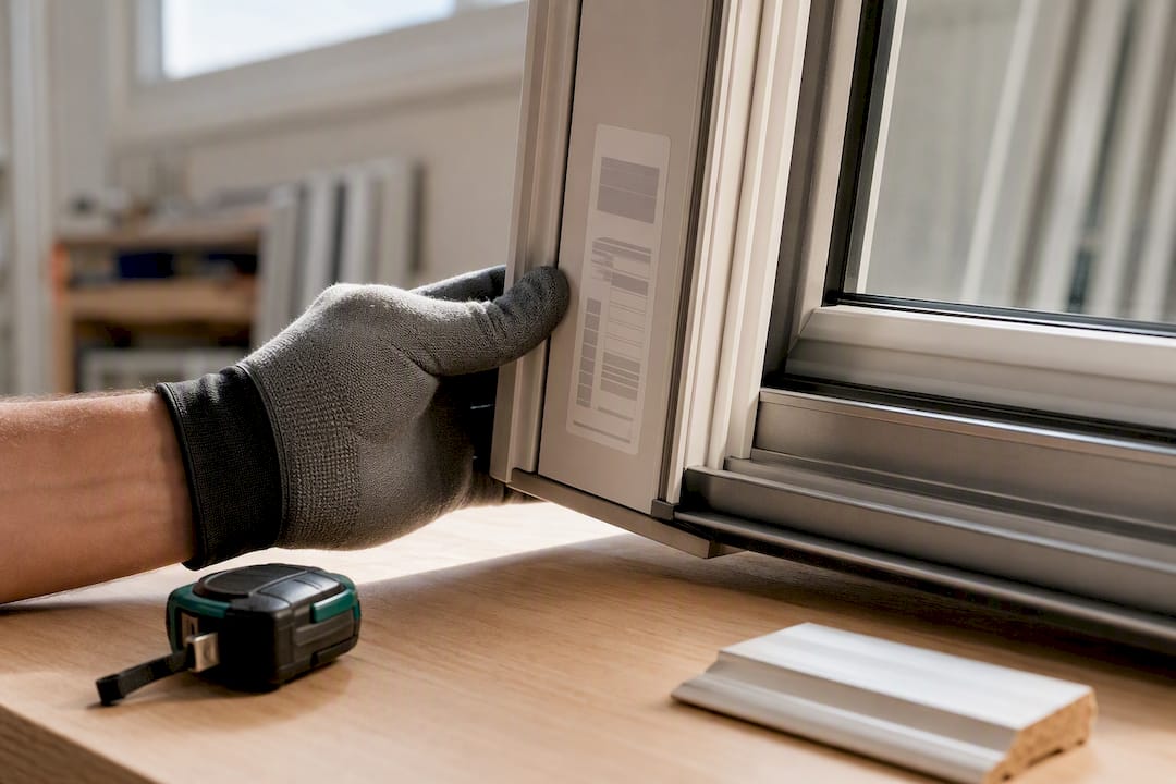 Installer inspecting patio door efficiency label