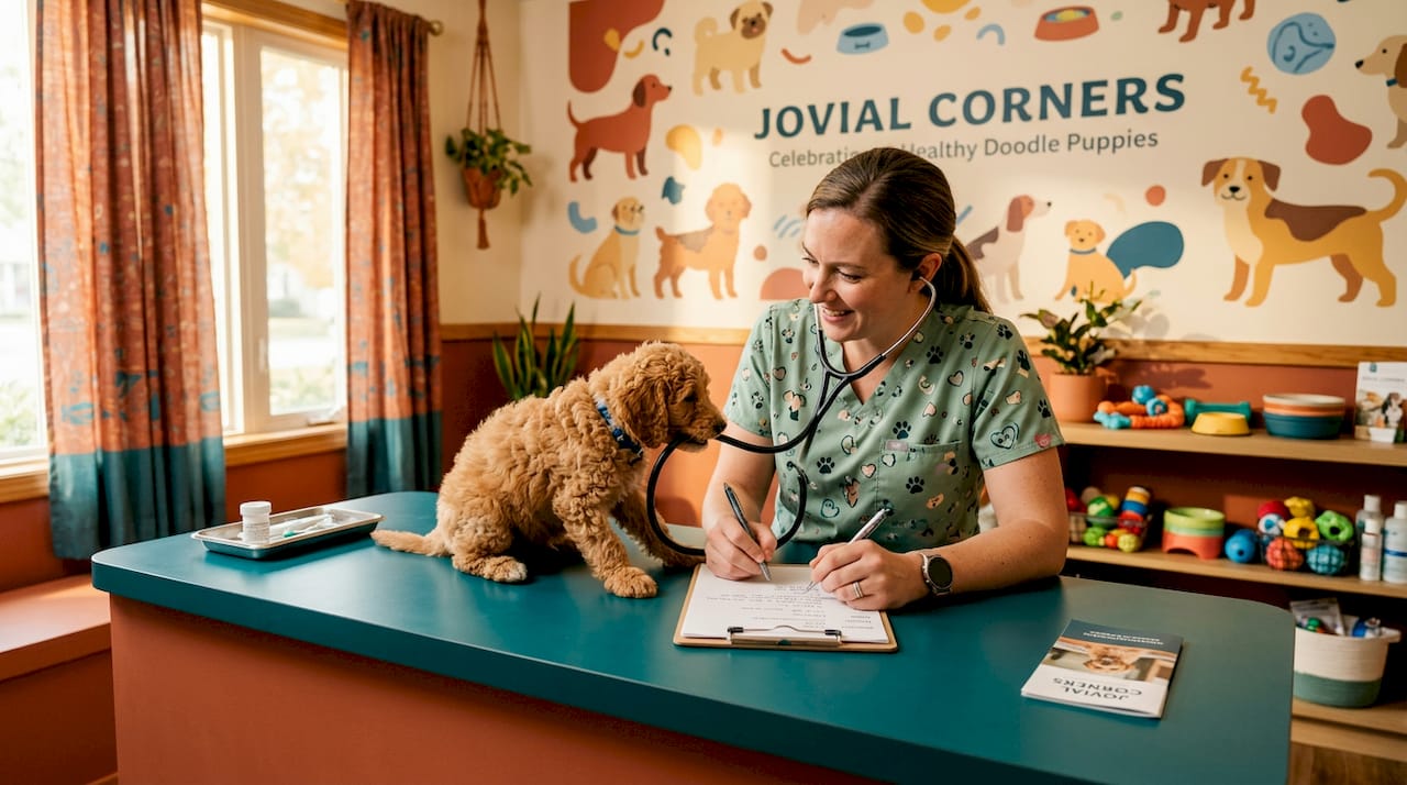 Vet examining mini Goldendoodle puppy in clinic