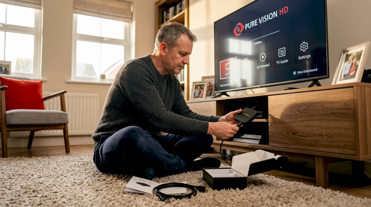 Man setting up IPTV device in living room
