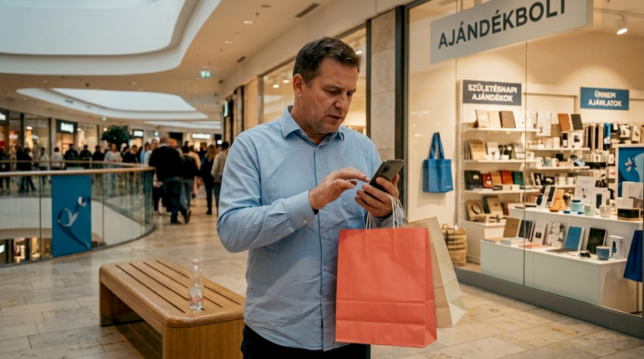 Egy férfi kapkodva rohangál az üzletben, próbálva még az utolsó pillanatban beszerezni az ajándékokat – láthatóan teljesen stresszes, hogy mindent időben el tudjon intézni.