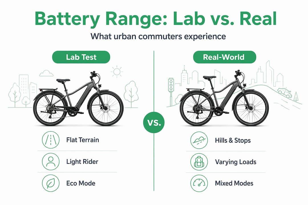 Infographic comparing e-bike lab vs real range
