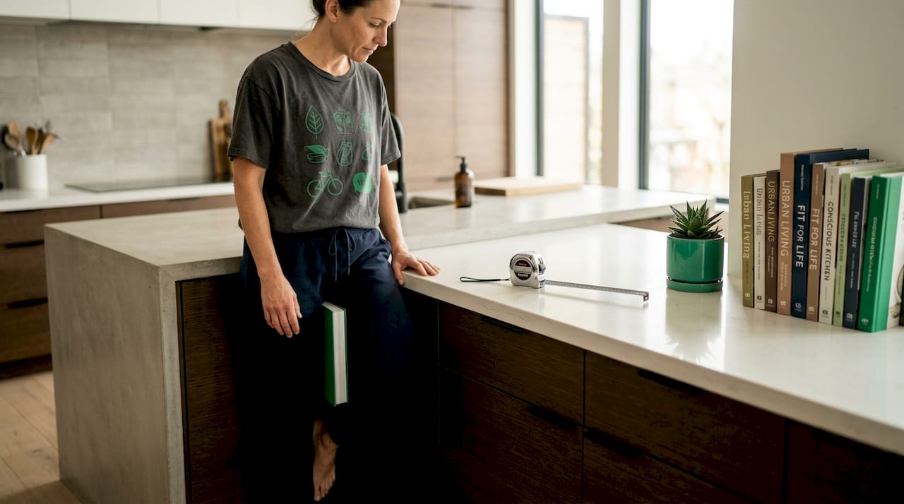 Woman measuring inseam against bookshelf at home