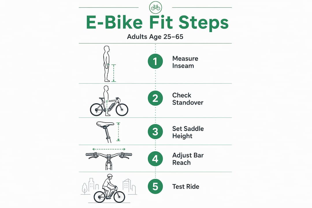 Infographic showing 5 steps for adult e-bike fit