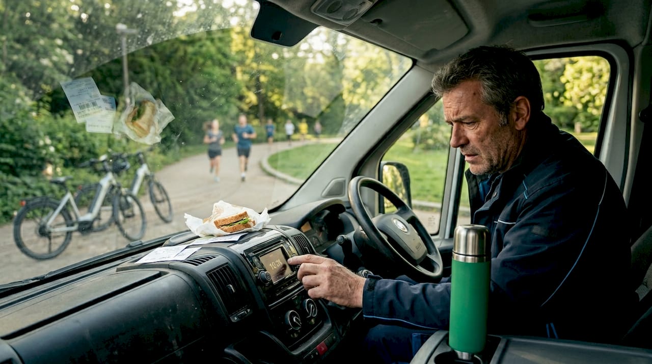 Van driver waiting in city traffic for parking