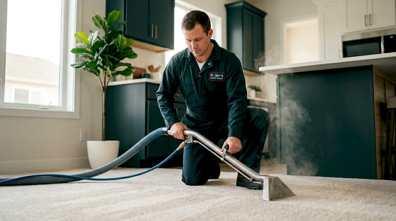 Technician steam cleaning hallway carpet