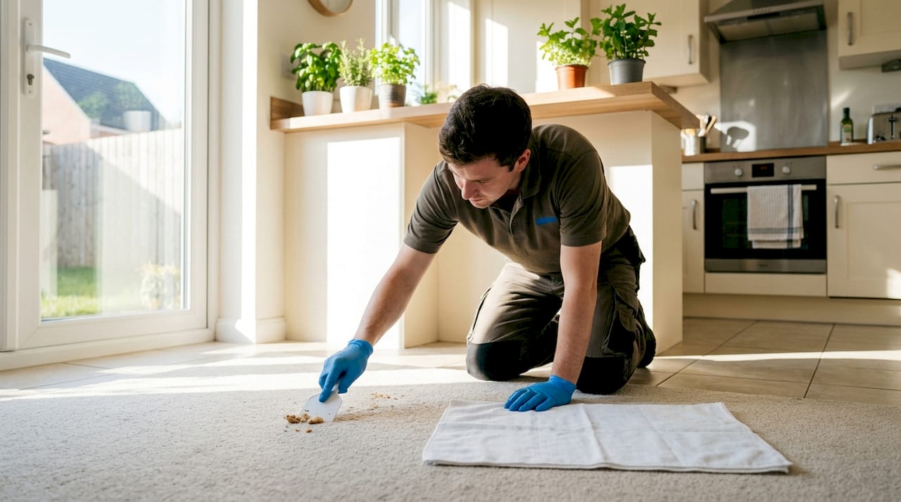Hands removing solid stain from carpet