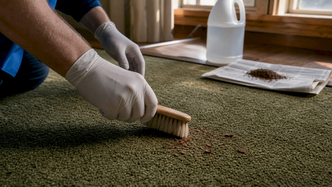 Hands removing dry rust flakes from carpet
