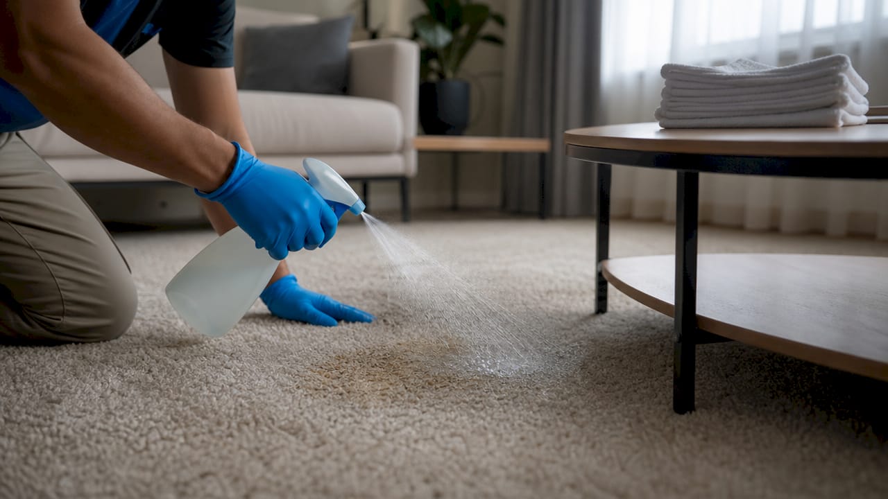 Close-up of hands misting carpet stain with spray bottle