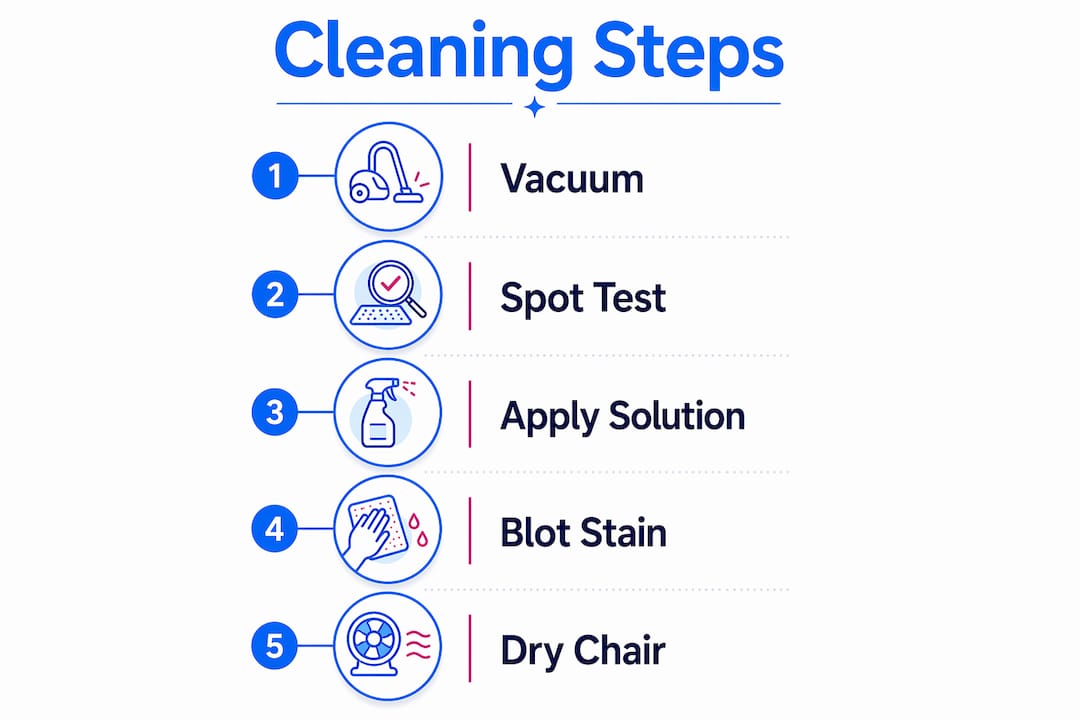 Infographic depicting step-by-step cleaning process for white fabric chairs
