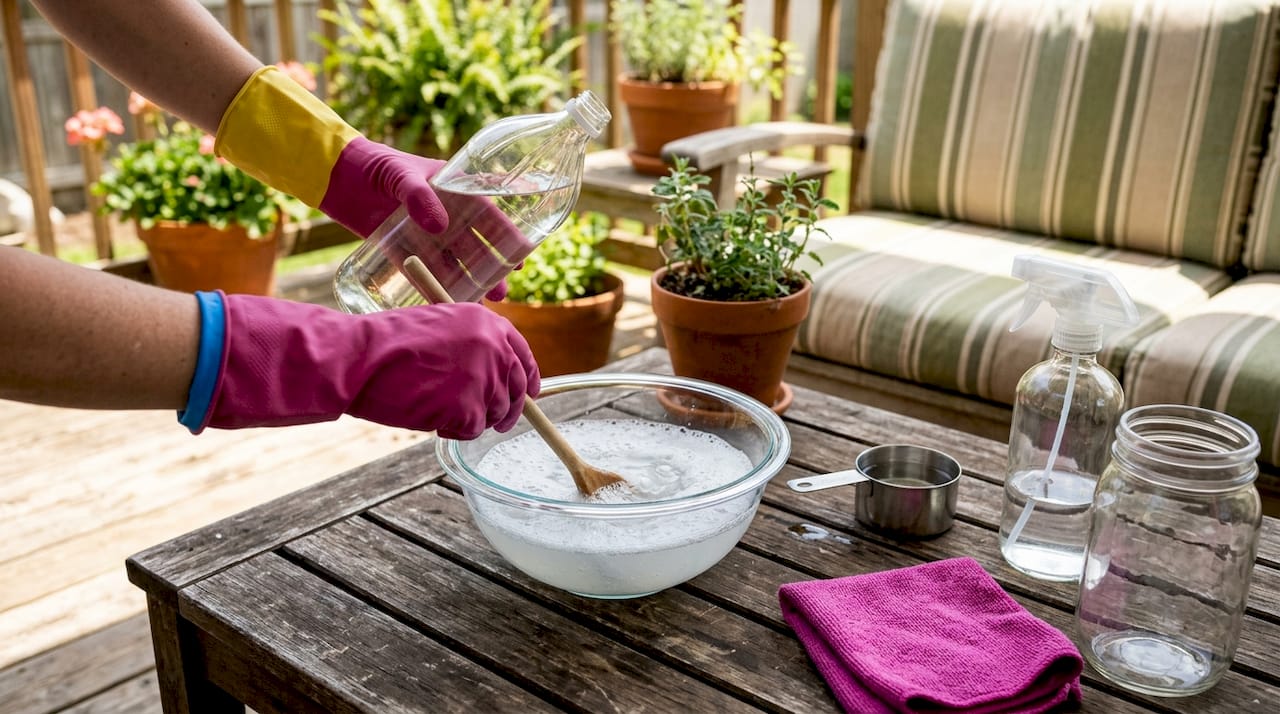 Hands mixing homemade fabric cleaning solution in bowl