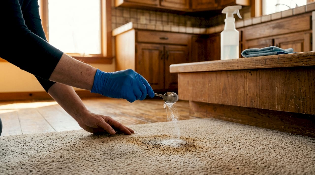 Close-up of hands applying baking soda on carpet stain
