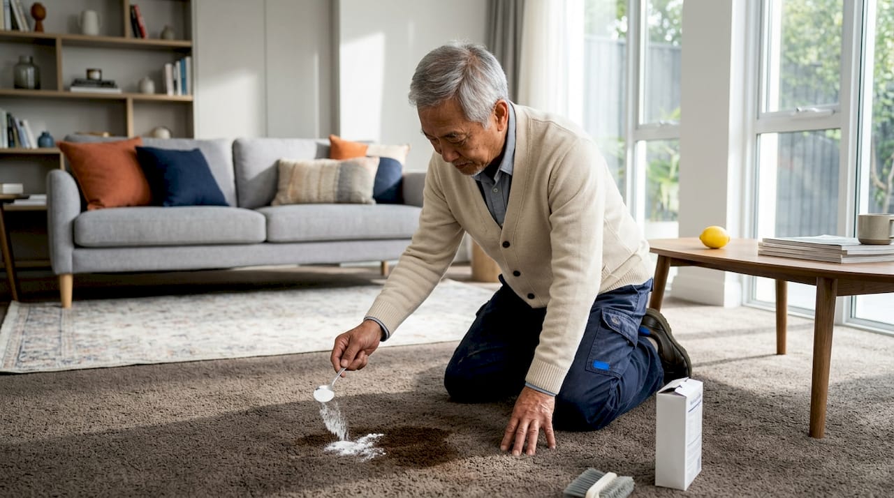 Hands dusting baking soda on carpet stain