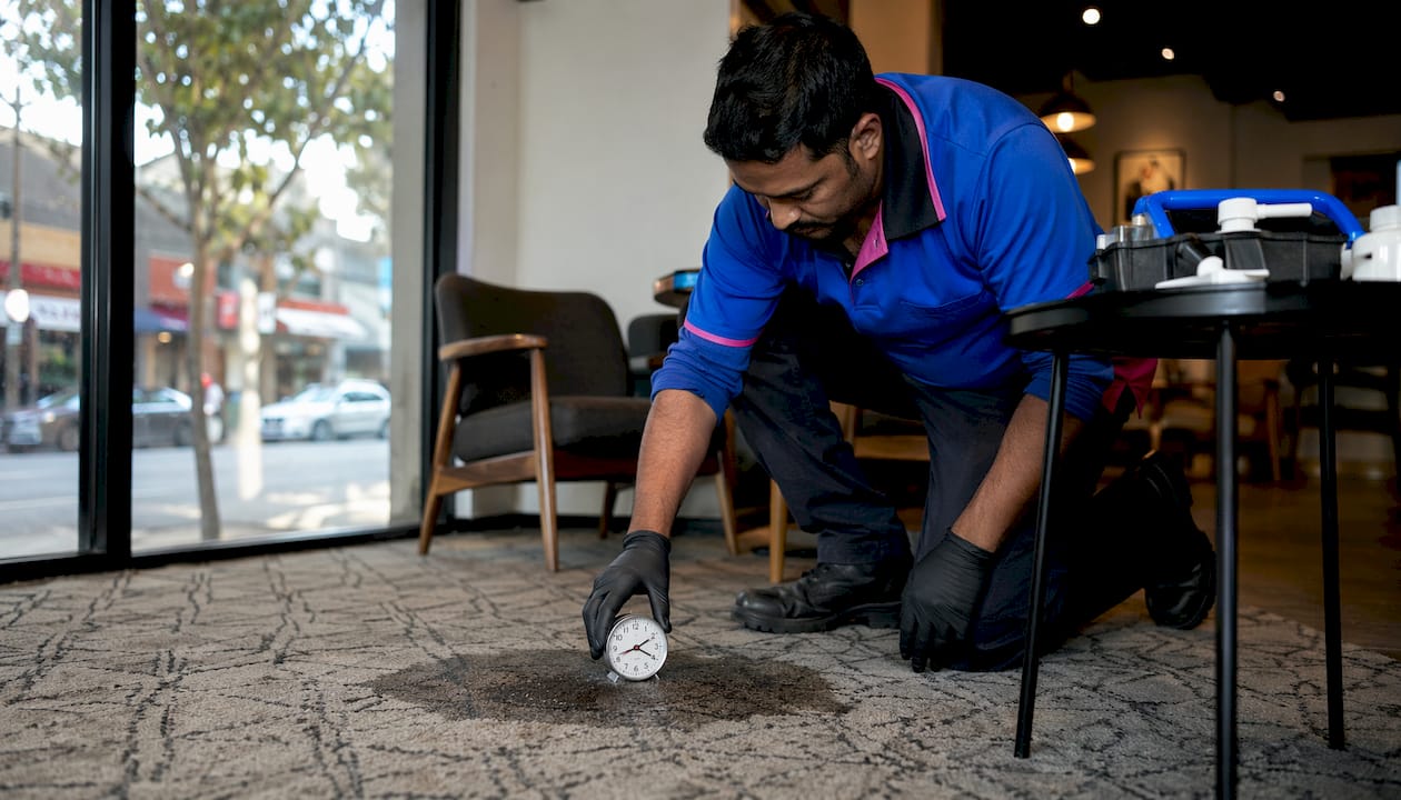 Technician timing carpet dry cleaning dwell time at home
