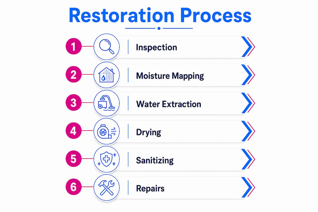 Infographic illustrating water damage restoration steps