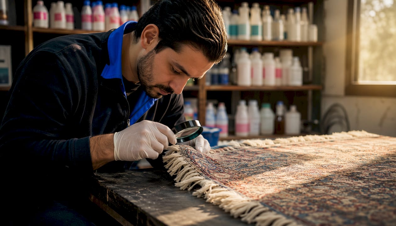 Expert inspecting viscose rug fibres carefully