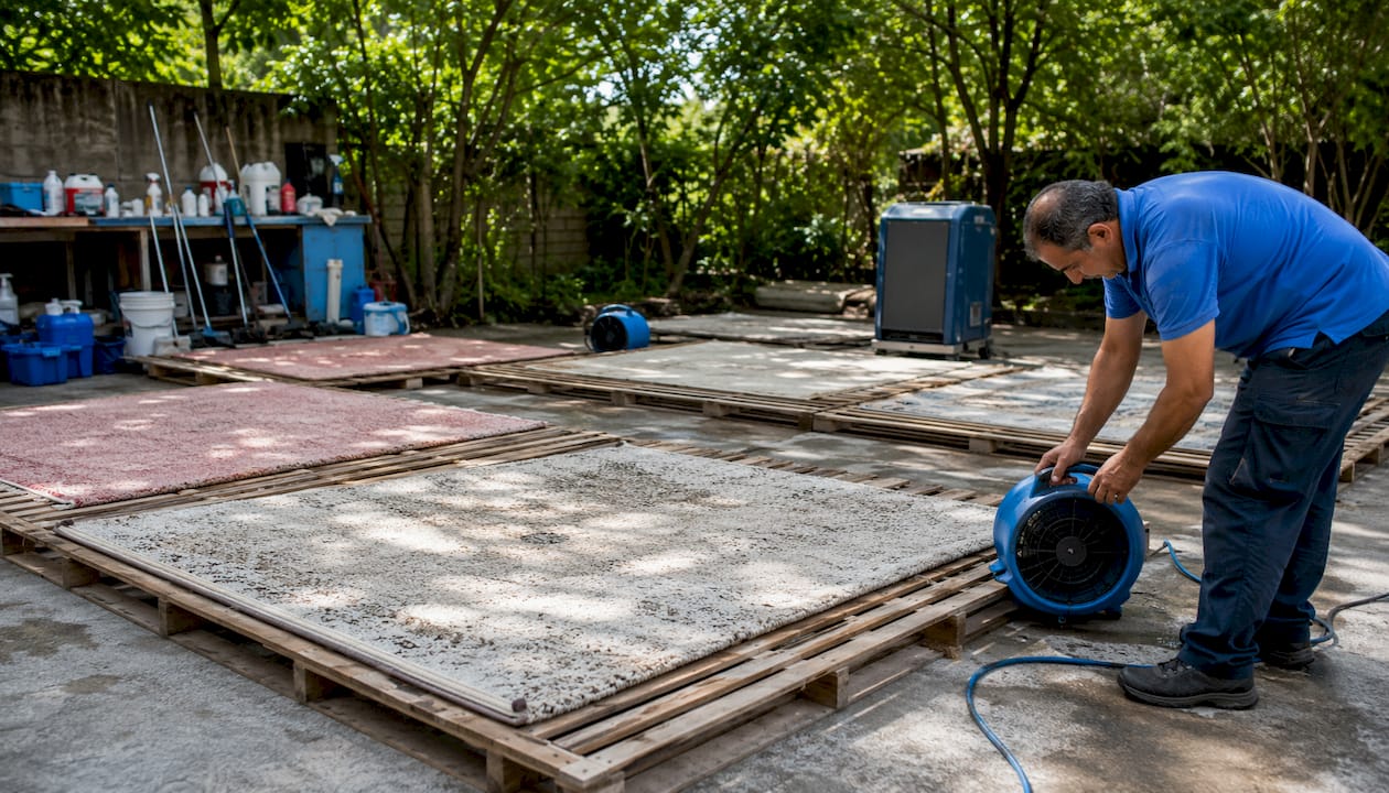 Viscose rugs drying with air movers in workshop