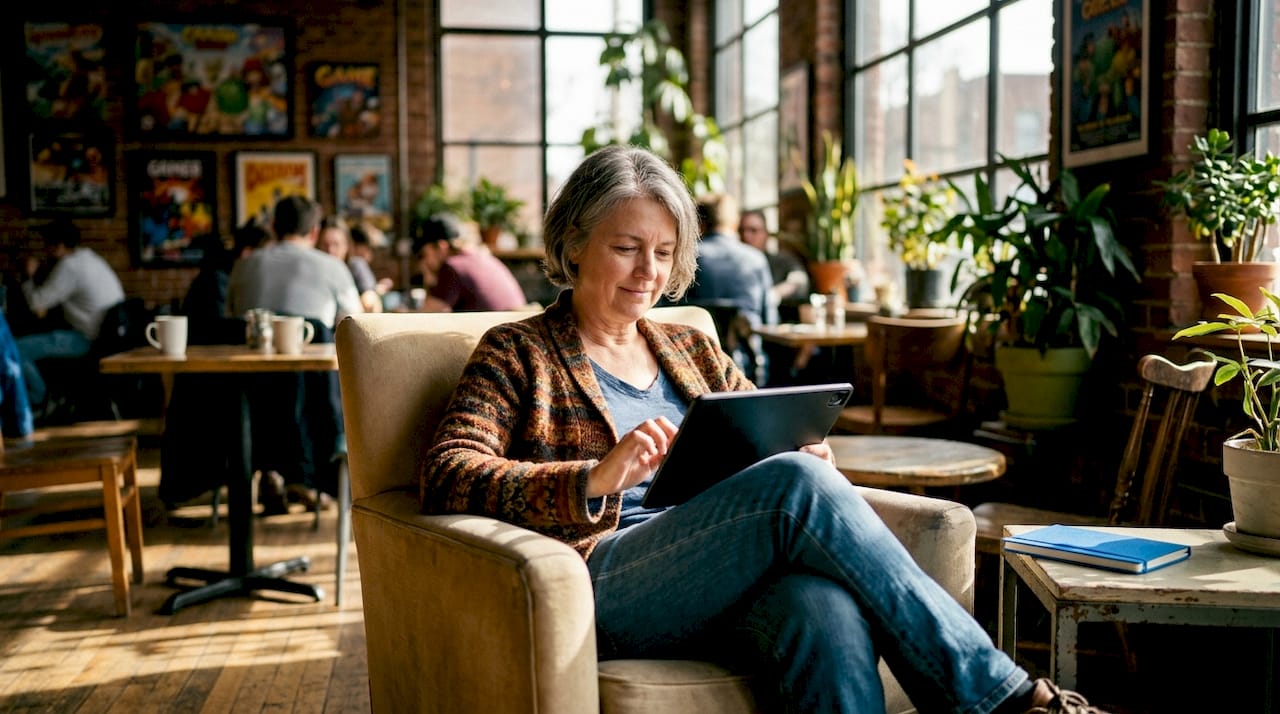 Woman browsing GOG Galaxy library on tablet