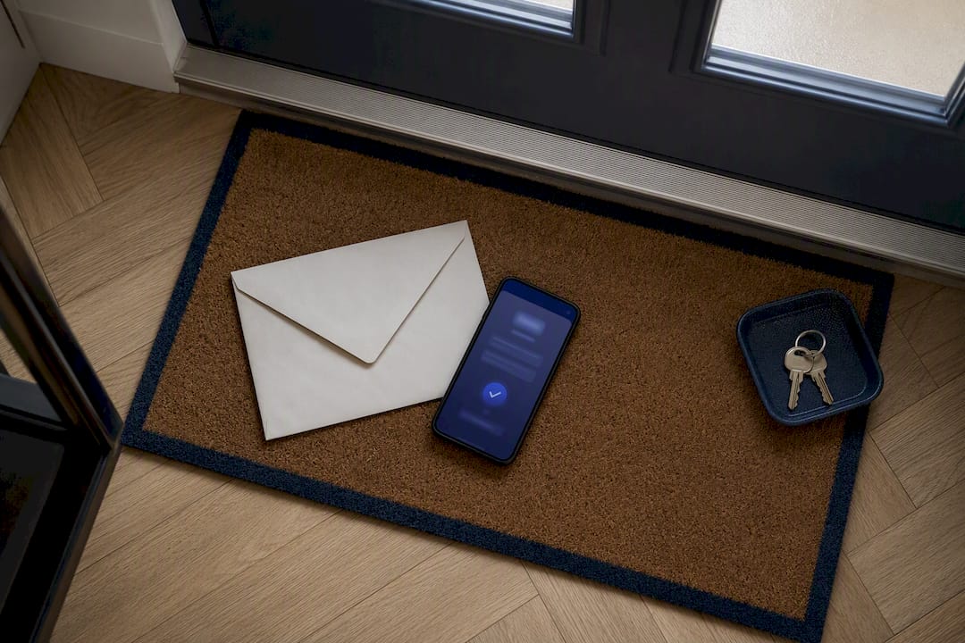 Sealed envelope beside abstract tracking phone screen