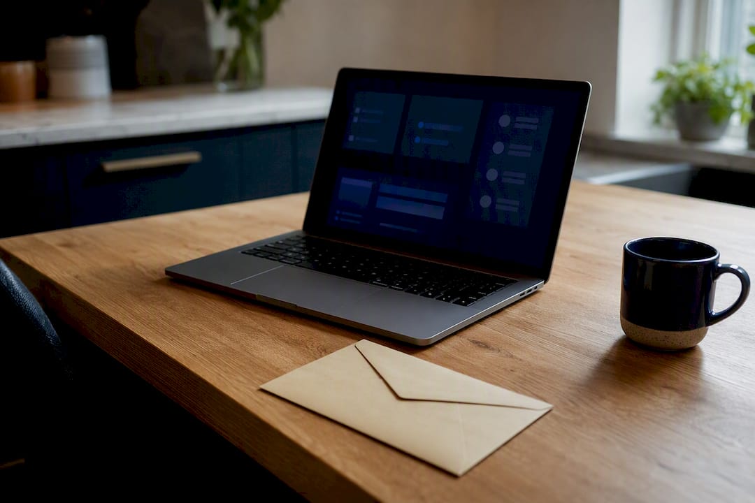 Sealed envelope beside abstract tracking screen