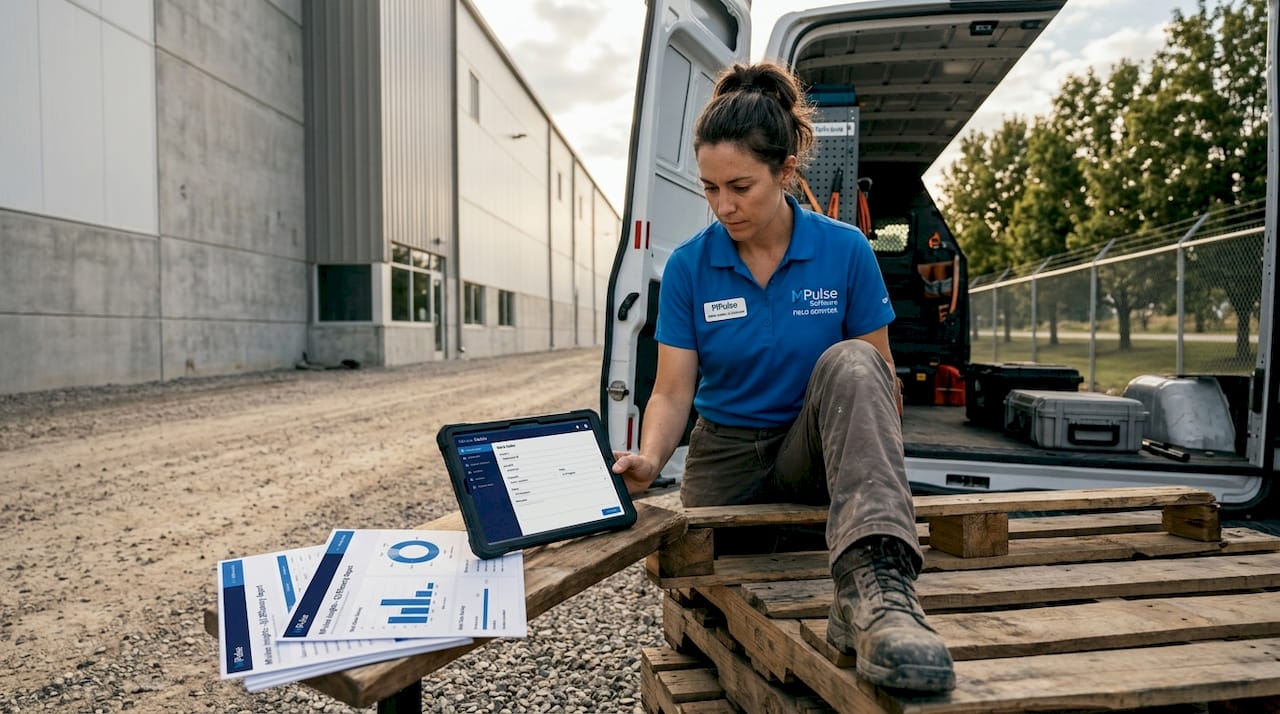 Technician updating digital checklist at job site