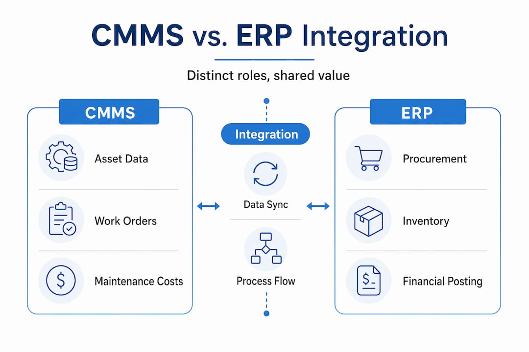 Infographic showing CMMS and ERP integration comparison