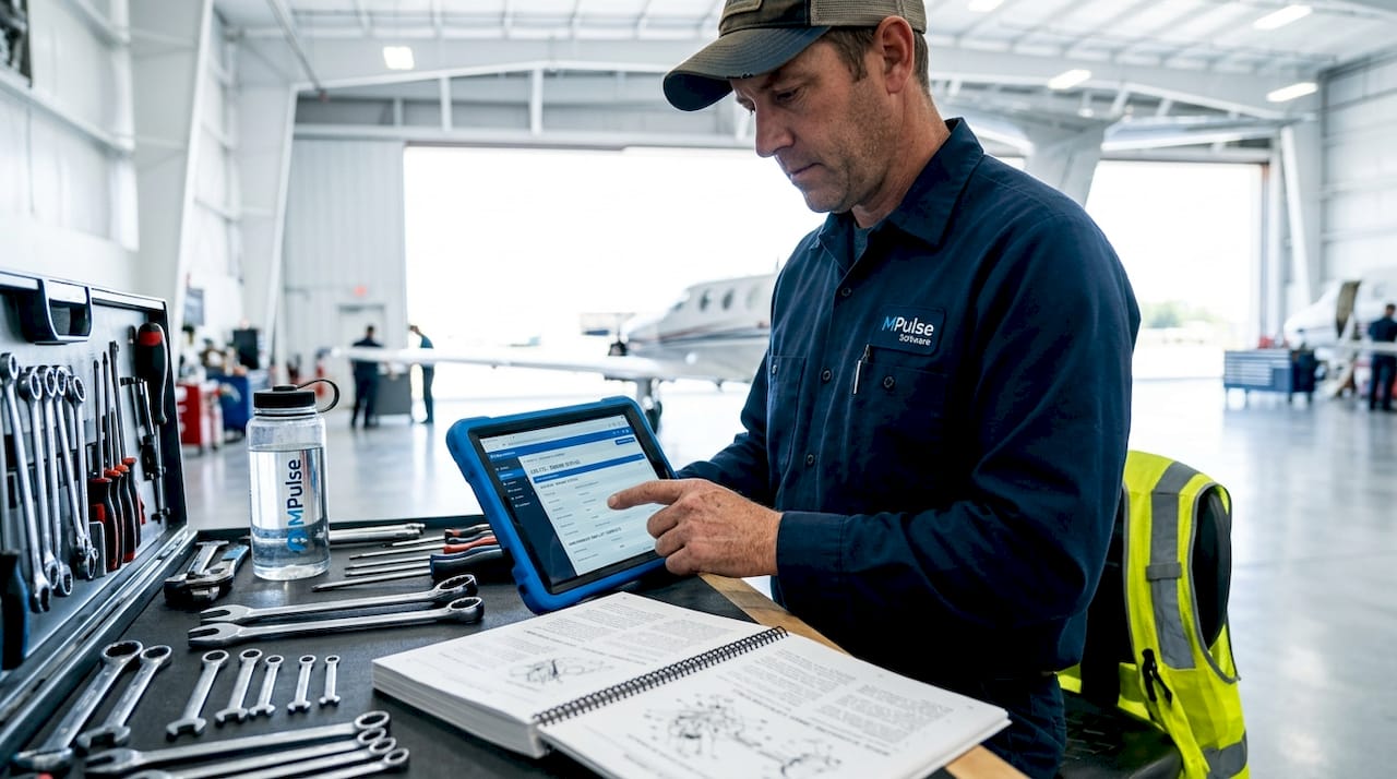 Technician reviewing digital maintenance records on tablet