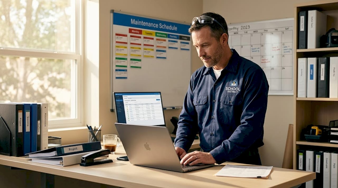 Technician enters school work order in office