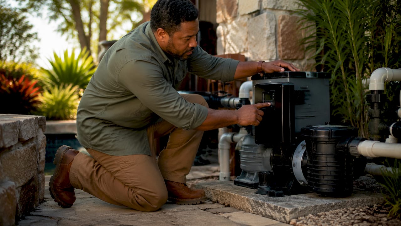 Hands adjusting variable-speed pool pump controls
