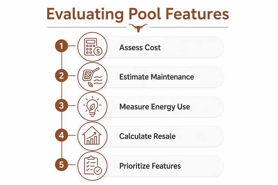 Infographic displaying steps to evaluate pool features' cost and ROI