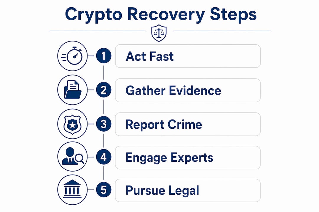 Infographic outlining steps to recover from fake crypto investment