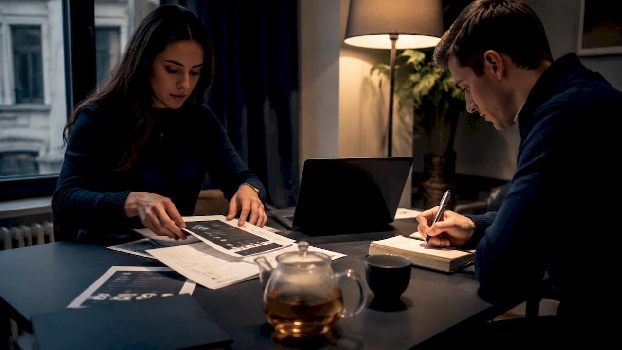 Hands organizing crypto fraud evidence papers and USB drive