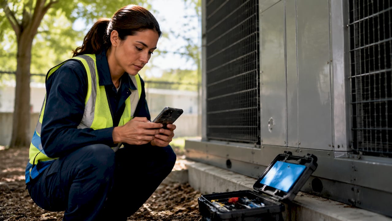 Outdoor technician consulting smartphone work orders