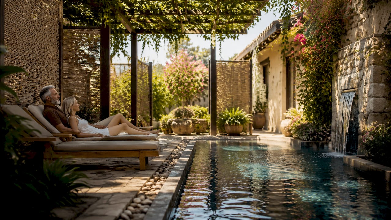 Tranquil hotel pool with natural materials and loungers
