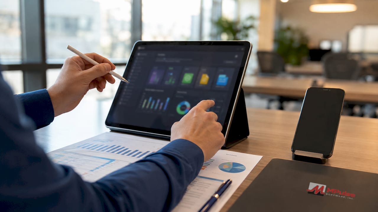Hands interacting with SLA compliance dashboard tablet