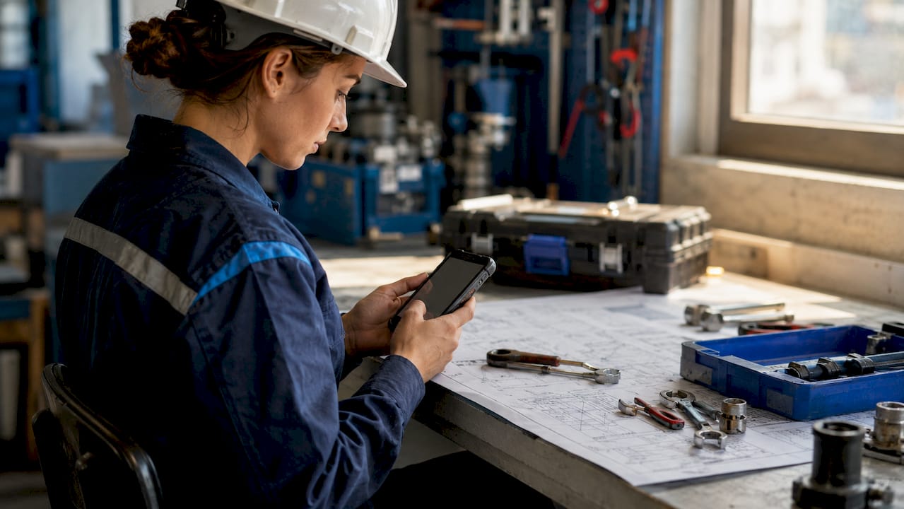 Hands holding smartphone in industrial office