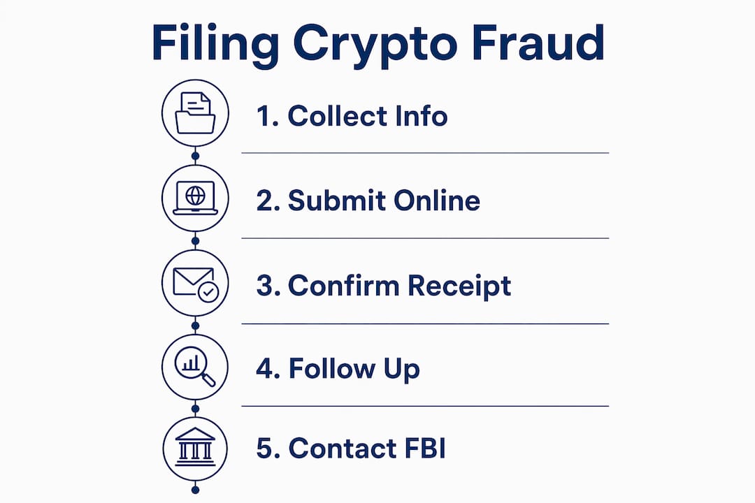 Infographic illustrating steps to file crypto fraud complaint
