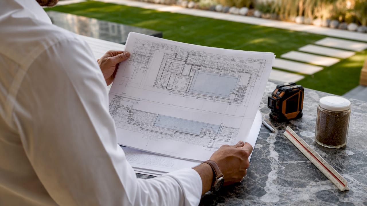 Engineer examining blueprints for custom pool construction