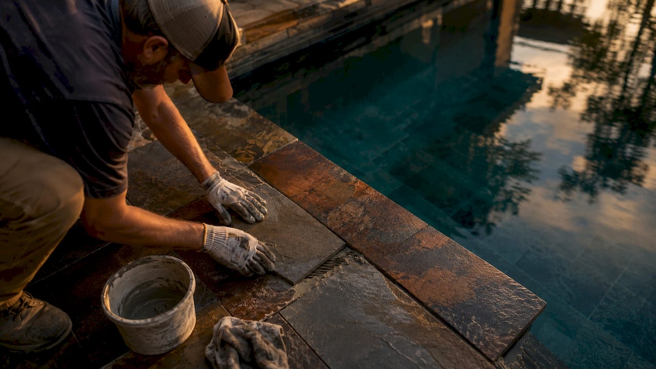 Craftsman hands installing natural stone pool coping