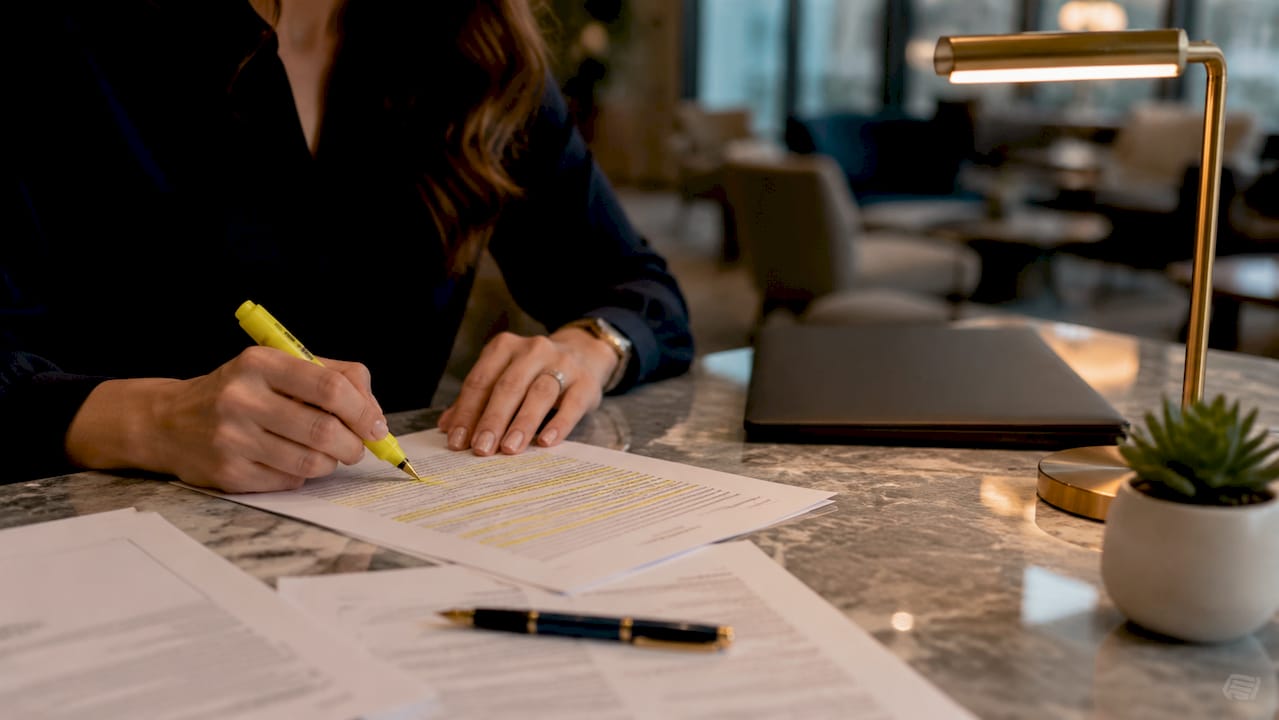 Hands highlighting constructive fraud documents
