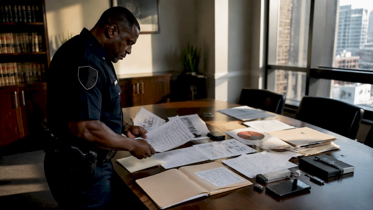 Hands sorting crypto scam evidence on table