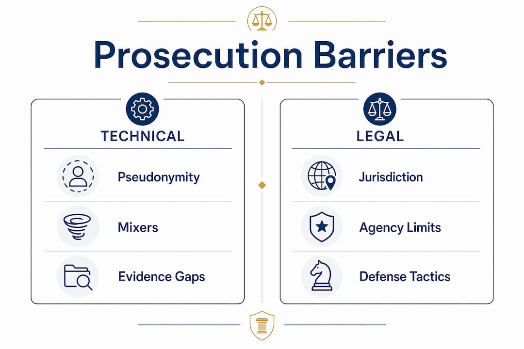 Infographic showing prosecution barriers split by technical and legal categories