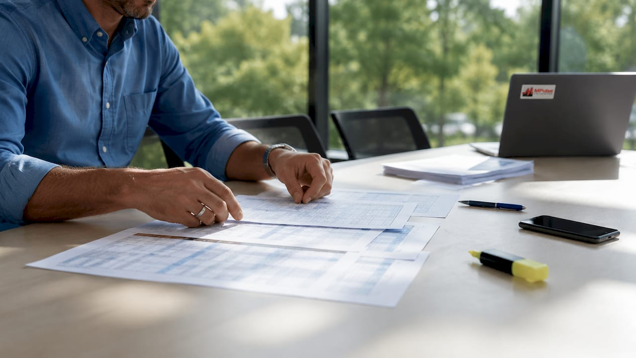Hands organizing maintenance scheduling documents