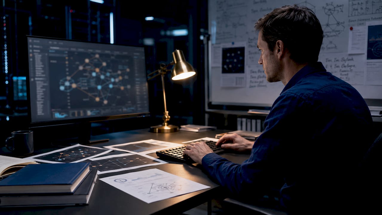 Hands typing on keyboard analyzing blockchain data